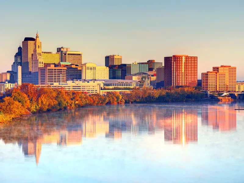 A sunset view of downtown Hartford, Connecticut